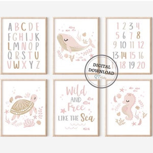 Sea Animals Alphabet Numbers Nursery Prints, Set de 6 ABC Posters, Ocean Nursery Decor, Kids Playroom Educativo Imprimible DESCARGA DIGITAL