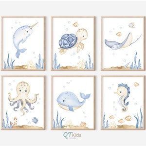 Impressions de chambre de bébé sous la mer, art mural animaux marins, impressions de chambre de bébé garçon, décoration de chambre d'enfant océan, impressions de chambre de garçon nautiques, téléchargement numérique