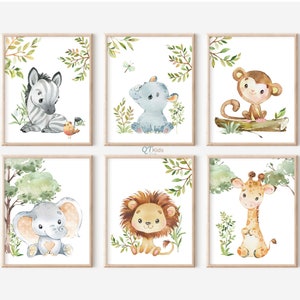 Impresiones de vivero Safari, arte de pared imprimible con animales, sala de juegos para niños de guardería de género neutro, estampados de animales de la selva de acuarela, DESCARGA DIGITAL