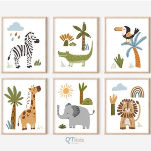 Safari Nursery Prints, Safari Animal Printable Wall Art Set de 6, Decoración de sala de juegos para niños, Boho Nursery Jungle Animal Prints, DESCARGA DIGITAL