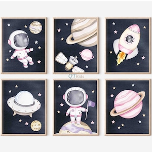 Impresiones de guardería espacial, arte de pared imprimible para habitación de niñas, decoración de sala de juegos espacial rosa, carteles de astronautas de cohetes de planetas de acuarela DESCARGA DIGITAL