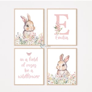Personalized Girl Nursery Prints, Custom Baby Name Bunny Prints, Pink Wild Flowers, Girl Room Floral Printable Wall Art, DIGITAL DOWNLOAD