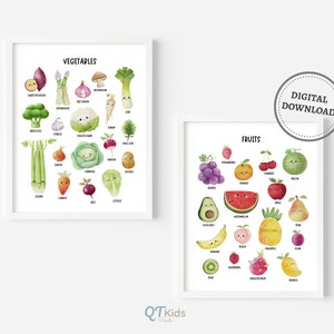 Impresiones educativas de frutas y verduras, Imprimibles para el aula, Carteles de aprendizaje, Arte de pared de habitación para niños, Impresiones de carteles para la escuela en el hogar DESCARGA DIGITAL