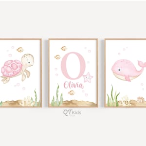 Láminas para habitación infantil bajo el mar, pósteres personalizados de animales marinos en rosa océano con nombre de bebé, decoración náutica oceánica para niña, descarga digital