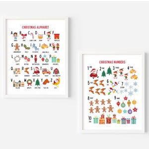 May include: Two printable posters with a Christmas theme. The first poster features the alphabet with a Christmas-themed illustration for each letter. The second poster features numbers 1-10 with a Christmas-themed illustration for each number.