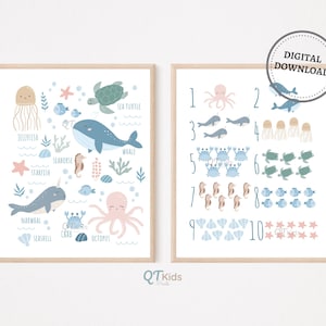Impresiones de animales marinos, decoración de guardería bajo el mar, arte de pared imprimible de animales del océano, impresiones de animales marinos para habitación infantil náutica DESCARGA DIGITAL