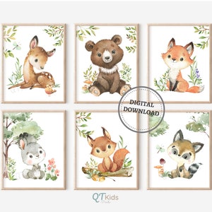 Impresiones de vivero del bosque, arte de pared imprimible de animales del bosque, decoración de la habitación de los niños del bosque, carteles de la sala de juegos, impresiones de animales del bebé, DESCARGA DIGITAL