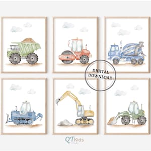 Watercolour Construction Trucks Prints, Construction Nursery Decor, Boy Room Wall Art, Playroom Truck Vehicles Posters,  DIGITAL DOWNLOAD