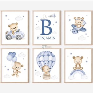 Boy Nursery Prints, Personalized Teddy Bear Printable Wall Art, Navy Blue Car Hot Air Balloon, Custom Baby Boy Name Prints, DIGITAL DOWNLOAD