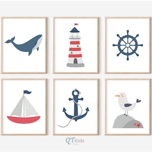 Láminas náuticas para habitación de niños, arte de pared imprimible para guardería de niños, carteles marinos con veleros rojos, láminas náuticas para sala de juegos, DESCARGA DIGITAL
