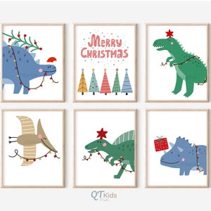 Stampe di dinosauri natalizi, Decorazioni natalizie per la stanza dei ragazzi, Arte della parete stampabile per la sala giochi, Stampe di Buon Natale Set di 6, Dinosauri carini DOWNLOAD DIGITALE