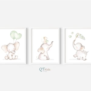 Elephant Nursery Prints, Green Nursery Decor, Safari Animal Prints, Playroom Printable Wall Art, Elephant with Balloon, DIGITAL DOWNLOAD