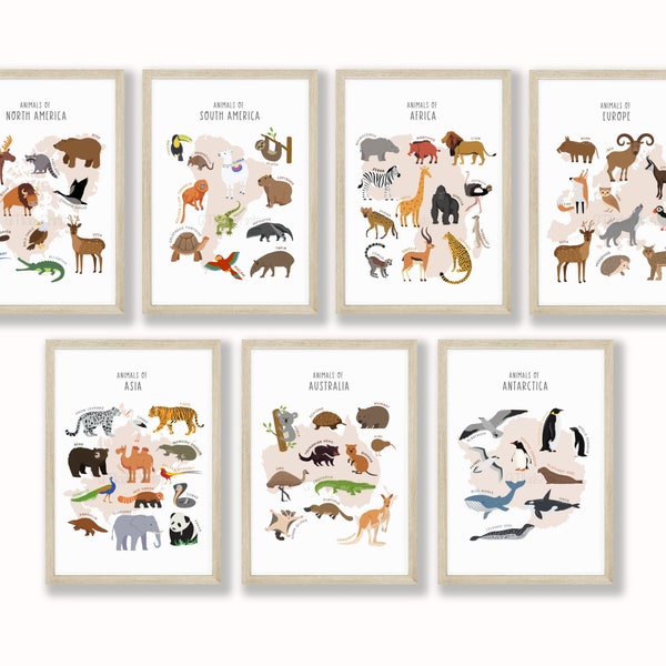 Animals of the World Prints Set of 7, Educational Printable, Classroom Posters, Montessori Prints, Playroom Animals Decor, DIGITAL DOWNLOAD