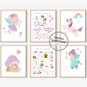May include: Set of six printable posters featuring fairies, unicorns, and a mushroom house. The posters include a fairy alphabet, fairy numbers, and a unicorn with a rainbow. The posters are ideal for a child's bedroom or playroom.