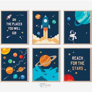 Ruimte afdrukbare muurkunst, jongenskamer ruimte decor, astronaut planeten zonnestelsel raketafdrukken, kinderspeelkamer ruimte kunst aan de muur, digitale DOWNLOAD