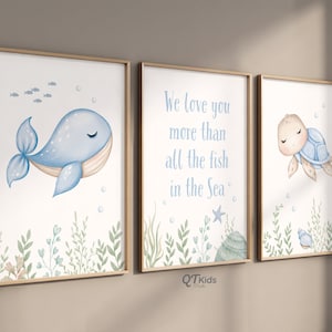 Impresiones de vivero de niño, decoración de vivero bajo el mar, animales del océano, te amo más que todos los peces, impresiones de habitaciones náuticas para niños, DESCARGA DIGITAL