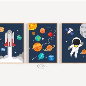 Impresiones de viveros espaciales, carteles de planetas astronautas espaciales, decoración de sala de juegos en el espacio exterior, arte de pared imprimible para habitaciones de niños, DESCARGA DIGITAL
