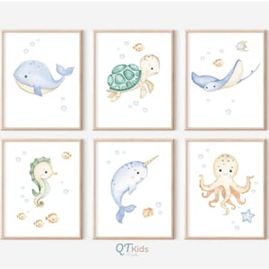 Impresiones de viveros bajo el mar, carteles de animales náuticos del océano, conjunto de impresiones de viveros para niños, arte de pared de animales marinos, impresiones de salas de juegos, DESCARGA DIGITAL