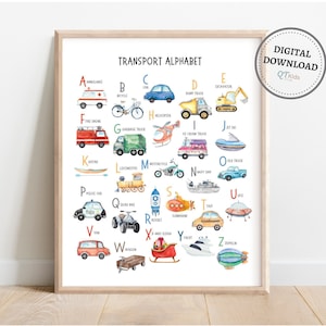 Impresión del alfabeto de transporte, cartel de transporte, cartel de ABC del coche, arte de la pared de la sala de juegos para niños, decoración de la guardería del niño, impresión de vehículos para niños, DESCARGA DIGITAL