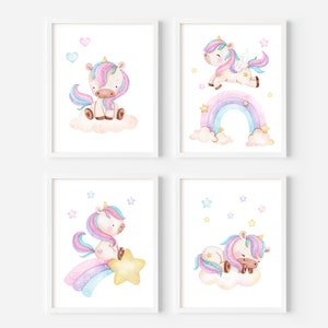 Unicorn Girl Room Prints, Set of 4 Unicorn Printable Wall Art, Playroom Art Prints Decor, Pastel Girl Room Unicorn Decor, DIGITAL DOWNLOAD
