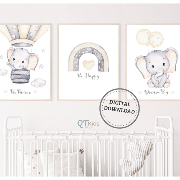 Baby Elephant Nursery Prints, Gender Neutral Animal Printable Wall Art Prints, Kids Room Wall Decor, Animal Nursery Posters DIGITAL DOWNLOAD