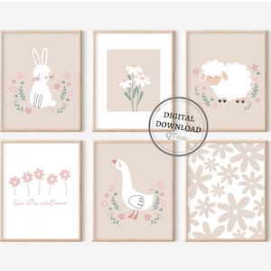 Bauernhof Kinderzimmer Poster, Mädchenzimmer Bauernhof Wandbild, weiß rosa Blumen Mädchen Spielzimmer, Gänseschaf Schaf Häschen Daisy, Boho Bauernhof Poster, DIGITAL DOWNLOAD