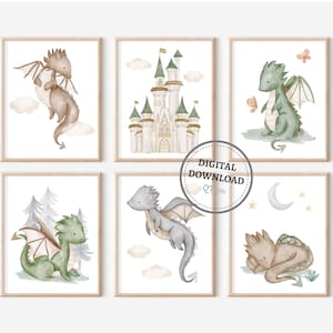 Dragons Nursery Prints, Boy Room Printable Wall Art, Playroom Wall Decor, Baby Dragon Kids Room Prints, Green Dragon Poster DIGITAL DOWNLOAD