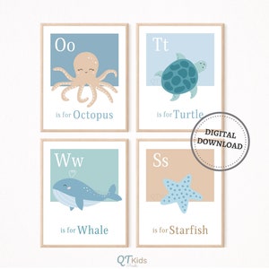 Láminas de animales del océano, decoración de pared para guardería bajo el mar, arte de pared imprimible con animales marinos, decoración de guardería para niños con océano, DESCARGA DIGITAL