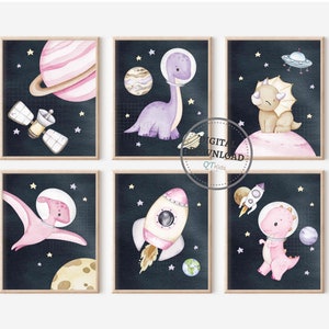 Weltraum Dinosaurier Drucke, Mädchen Zimmer Kinderzimmer druckbare Wandkunst, Dino Spielzimmer Dekor, Set von 6 Aquarell Dinosaurier Poster, DIGITAL DOWNLOAD