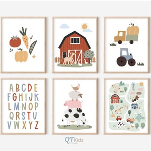 Farm Nursery Prints, Farm Animal Printable Wall Art, Kids Room Farm Decor, Farm Posters Set of 6, Red Barn Tractor Prints, DIGITAL DOWNLOAD