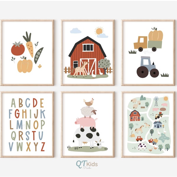 Impressions de pépinière de ferme, art mural imprimable animaux de la ferme, déco de ferme pour chambre d'enfant, lot de 6 affiches de ferme, impressions de tracteur de grange rouge, téléchargement numérique