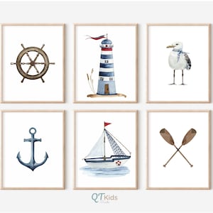 Nautical Nursery Prints, Nautical Wall Art, Watercolour Coastal Prints, Boy Nursery Nautical Decor, Sail Boat Lighthouse DIGITAL DOWNLOAD