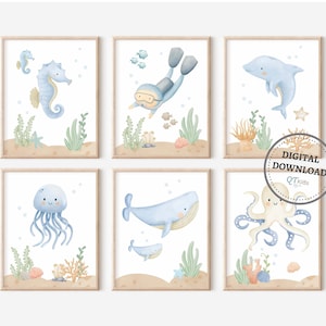Ozean Kinderzimmer Drucke, nautisch unter dem Meer Poster, digitale Aquarell Seetier Jungen Zimmer Wandkunst, Spielzimmer Dekor, DIGITAL DOWNLOAD