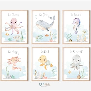 Láminas de animales marinos para guardería, arte mural imprimible de animales del océano, decoración de sala de juegos oceánica, náutica, láminas submarinas para habitación infantil, descarga digital