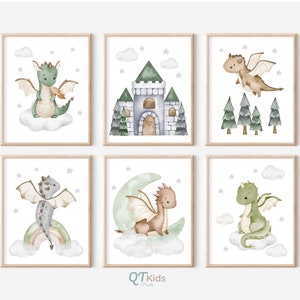 Dragons Nursery Prints, Boy Room Printable Wall Art, Playroom Wall Decor, Baby Dragon Kids Room Prints, Green Dragon Poster DIGITAL DOWNLOAD