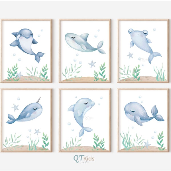 Sea Animal Prints, Under the Sea Nursery Wall Art, Whale Turtle Shark Printable Wall Art, Blue Grey Ocean Animal Art Prints DIGITAL DOWNLOAD