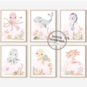 Pink Sea Animal Nursery Prints, Ocean Animal Printable Wall Art, Nautical Girl Playroom Decor, Under the Sea Nursery Decor, DIGITAL DOWNLOAD
