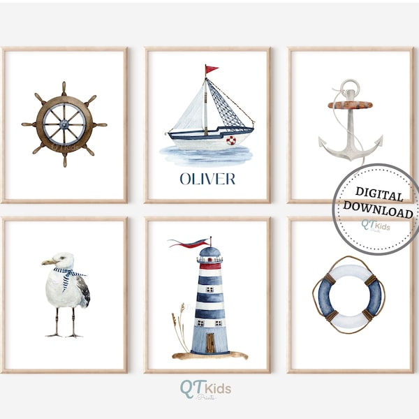 Personalized Nautical Nursery Prints, Custom Baby Name Print, Sailboat Lighthouse Printable Wall Art, Boy Nursery Decor, DIGITAL DOWNLOAD