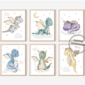 Impresiones de la guardería de dragones, arte de pared imprimible de la habitación del niño, decoración de la pared de la sala de juegos, impresiones de la habitación de los niños del dragón del bebé, cartel del dragón verde DESCARGA DIGITAL