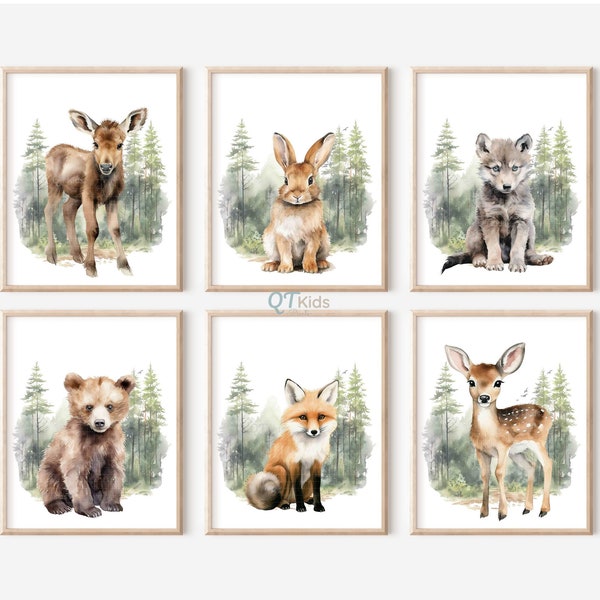 Woodland Animal Prints, Forest Animal Printable Wall Art, Bear Bunny Fox, Neutral Baby Nursery Bedroom Playroom Prints, DIGITAL DOWNLOAD
