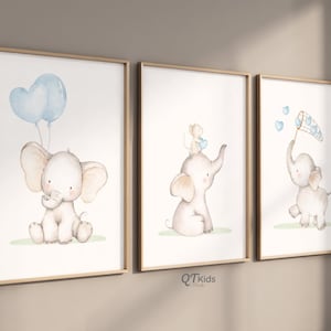 Estampas de berçário de elefante bebê, decoração de quarto de bebê azul, balões de corações, arte de parede para impressão em sala de jogos, estampas de animais de safari, DOWNLOAD DIGITAL