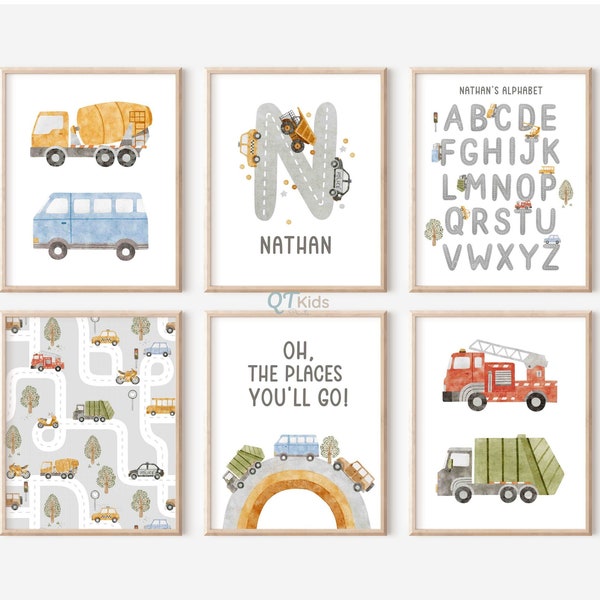 Personalized Transport Nursery Prints, Boy Room Trucks Decor, Custom Name Printable Wall Art, Transport Vehicle Posters, DIGITAL DOWNLOAD