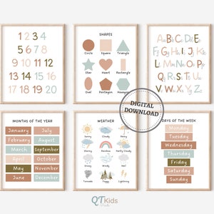 Carteles educativos neutrales, Impresiones de formas meteorológicas de números de alfabeto, Carteles de aprendizaje imprimibles en el aula de la escuela en casa, DESCARGA DIGITAL
