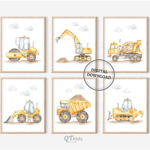 Construction Trucks Nursery Prints, Transportation Vehicles Truck Posters Set of 6, Boy Playroom Printable Wall Art Prints, DIGITAL DOWNLOAD