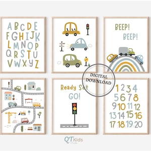 Juego de 6 impresiones de números y letras de transporte, arte de pared imprimible para habitación de niño, decoración de habitación de niño pequeño con camiones y coches, póster del ABC, descarga digital