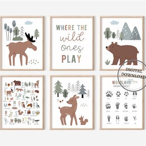 Woodland Nursery Prints, ABC Alphabet Print, Animal Footprints Tracks, Kids Playroom Decor, Where the Wild Ones Play Prints DESCARGA DIGITAL