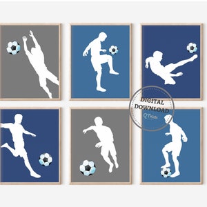 Voetbalspeler kinderkamer prints, jongenskamer sport afdrukbare kunst aan de muur, blauw grijze speelkamer decor, voetballers prenten, digitale DOWNLOAD