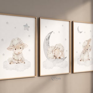 Láminas de ovejas neutras para guardería, láminas artísticas de ovejas durmiendo con estrellas y luna, arte de pared para guardería de bebé, láminas de animales de acuarela para bebé, DESCARGAS DIGITALES