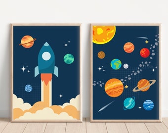 Space Nursery Prints, Solar System Printable Wall Art, Set of 2 Rocket Prints, Montessori Printable, Homeschool Prints, DIGITAL DOWNLOAD