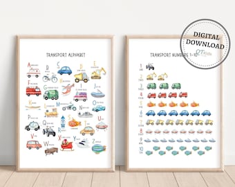 Impresiones de números y alfabetos de transporte, juego de 2 impresiones de vehículos ABC, arte de pared para sala de juegos de niños, decoración de guardería de niños, impresiones para el aula DESCARGA DIGITAL